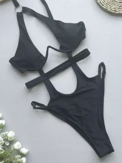Women One Piece Swimsuits Black Lace Up Asymmetrical Summer Beach Swimwear