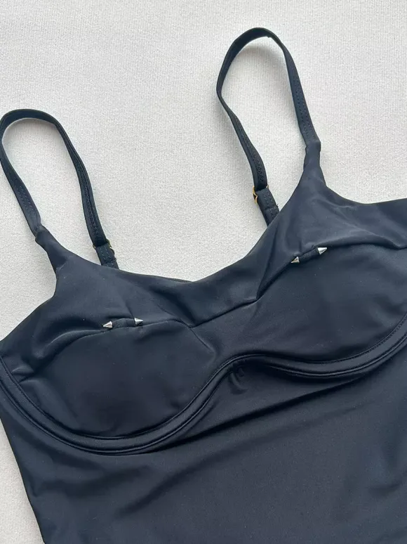 Women One Piece Swimsuits Black Metal Details Jewel Neck Backless Summer Sexy Swimwear