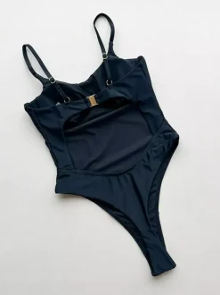 Women One Piece Swimsuits Black Metal Details Jewel Neck Backless Summer Sexy Swimwear