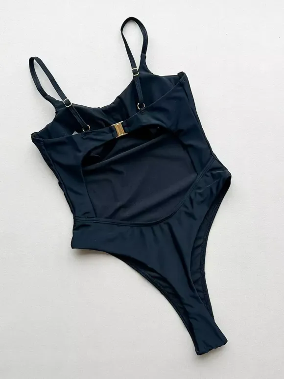 Women One Piece Swimsuits Black Metal Details Jewel Neck Backless Summer Sexy Swimwear