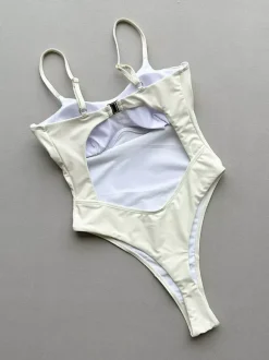 Women One Piece Swimsuits Black Metal Details Jewel Neck Backless Summer Sexy Swimwear