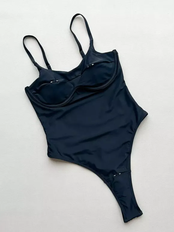 Women One Piece Swimsuits Black Metal Details Jewel Neck Backless Summer Sexy Swimwear