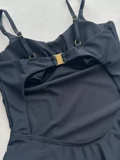 Women One Piece Swimsuits Black Metal Details Jewel Neck Backless Summer Sexy Swimwear
