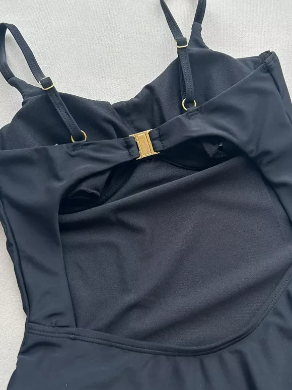 Women One Piece Swimsuits Black Metal Details Jewel Neck Backless Summer Sexy Swimwear