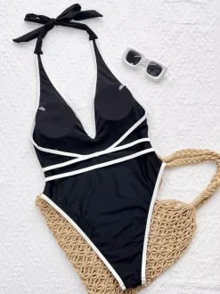 Women One Piece Swimsuits Black Two-Tone Lace Up V-Neck Summer Beach Bathing Suits
