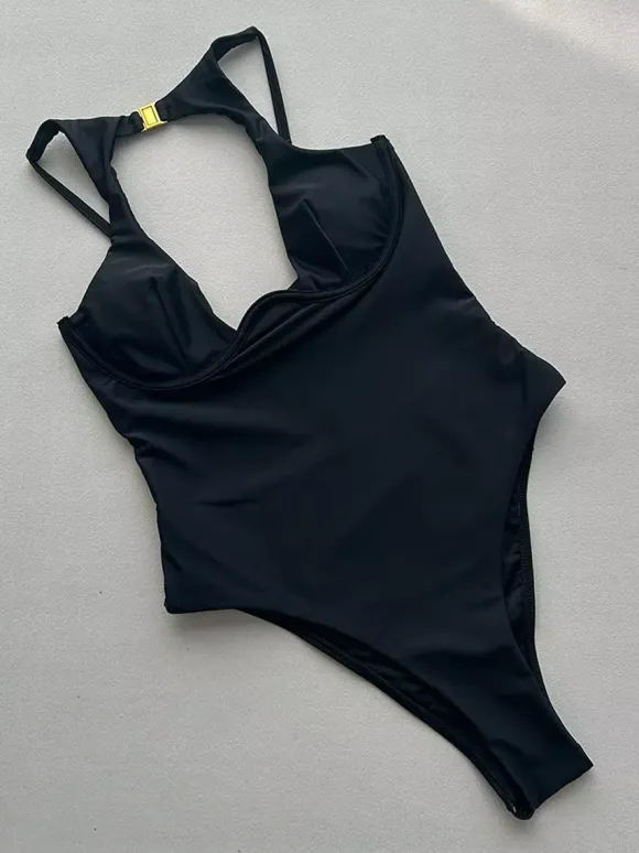 Women One Piece Swimsuits Black Metal Details Jewel Neck Backless Summer Beach Swimwear