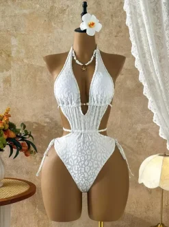 Women One Piece Swimsuits Blue V-Neck Summer Sexy Bathing Suits