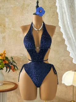 Women One Piece Swimsuits Blue V-Neck Summer Sexy Bathing Suits