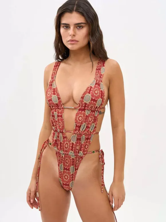 Women One Piece Swimsuits Burgundy Floral Print V-Neck Summer Beach Bathing Suits