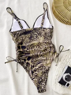 Women One Piece Swimsuits Leopard Animal Print Cut Out Straps Neck Summer Beach Bathing Suits