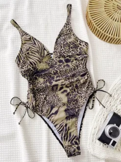 Women One Piece Swimsuits Leopard Animal Print Cut Out Straps Neck Summer Beach Bathing Suits