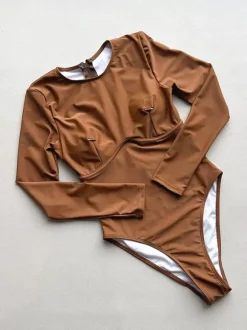 Women One Piece Swimsuits White Metal Details Jewel Neck Summer Beach Swimwear