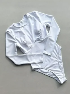 Women One Piece Swimsuits White Metal Details Jewel Neck Summer Beach Swimwear