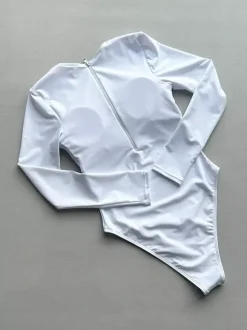 Women One Piece Swimsuits White Metal Details Jewel Neck Summer Beach Swimwear