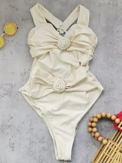 Women One Piece Swimsuits White Flowers Straps Neck Cross Front Summer Beach Swimming Suits