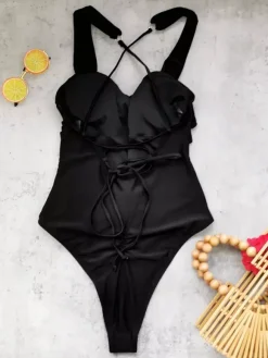 Women One Piece Swimsuits White Flowers Straps Neck Cross Front Summer Beach Swimming Suits