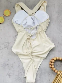 Women One Piece Swimsuits White Flowers Straps Neck Cross Front Summer Beach Swimming Suits