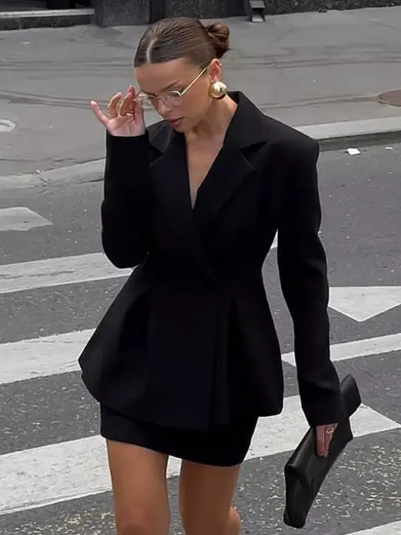 Women Peplum Waist Blazer Mini Skirt 2 Piece Set Double Breasted Suit Dress Outfit