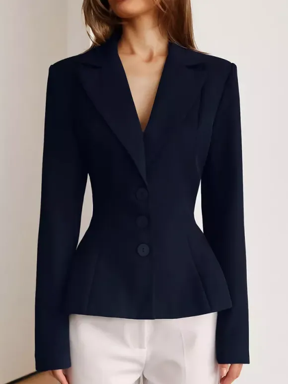 Women Peplum Waist Blazer Notched Lapel Single Breasted Fitted Office Suit Jacket