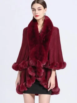 Women Poncho Faux Fur Collar Cape Spring Outerwear