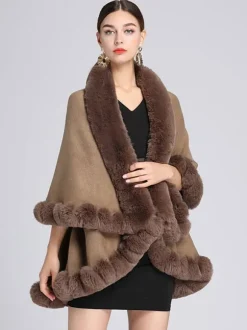 Women Poncho Faux Fur Collar Cape Spring Outerwear