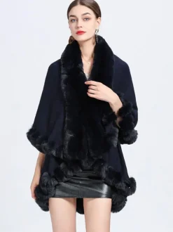 Women Poncho Faux Fur Collar Cape Spring Outerwear