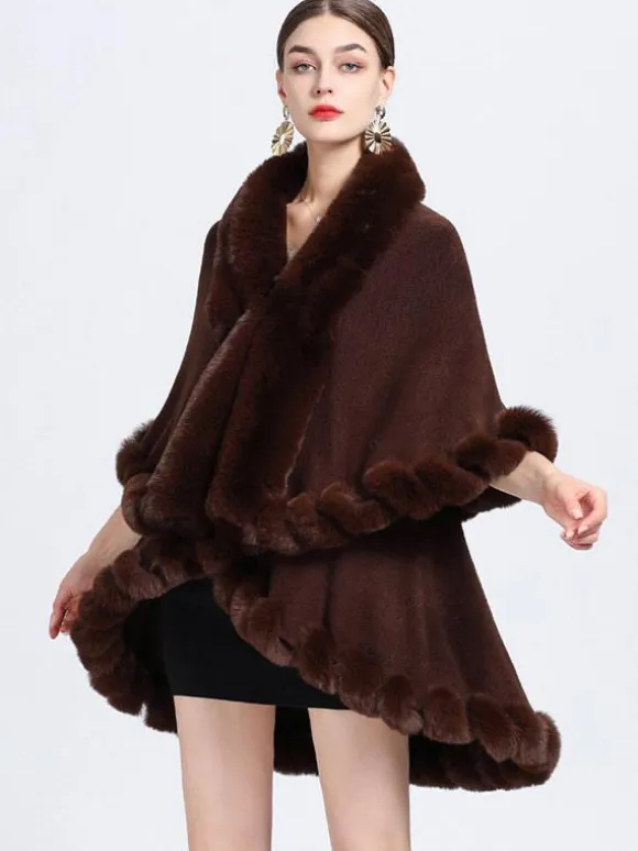 Women Poncho Faux Fur Collar Cape Spring Outerwear