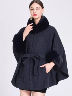 Women Poncho High Collar Light Gray Oversized Faux Fur Cape