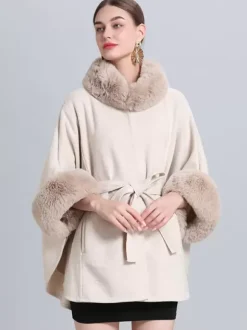 Women Poncho High Collar Light Gray Oversized Faux Fur Cape