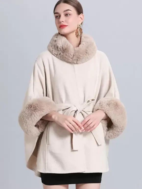 Women Poncho High Collar Light Gray Oversized Faux Fur Cape