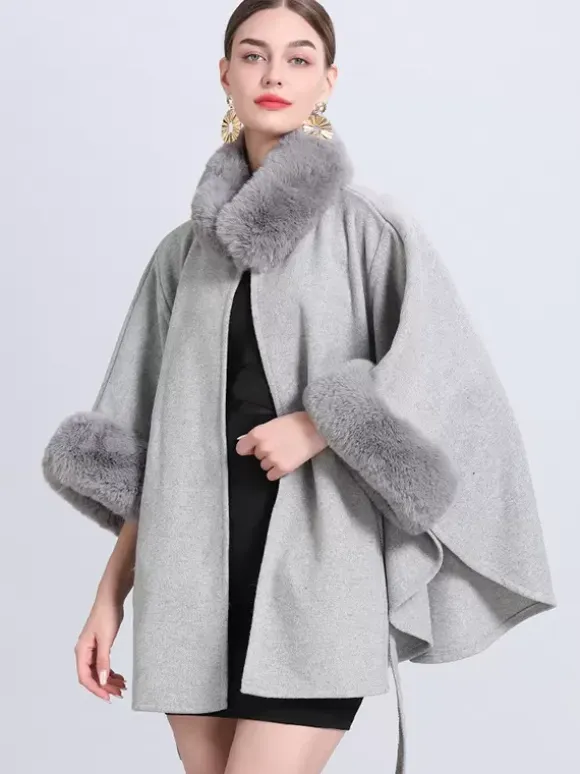 Women Poncho High Collar Light Gray Oversized Faux Fur Cape