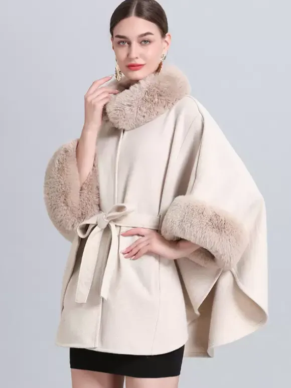 Women Poncho High Collar Light Gray Oversized Faux Fur Cape
