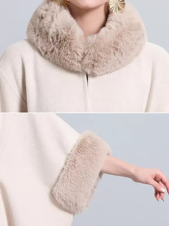 Women Poncho High Collar Light Gray Oversized Faux Fur Cape