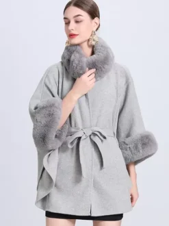 Women Poncho High Collar Light Gray Oversized Faux Fur Cape