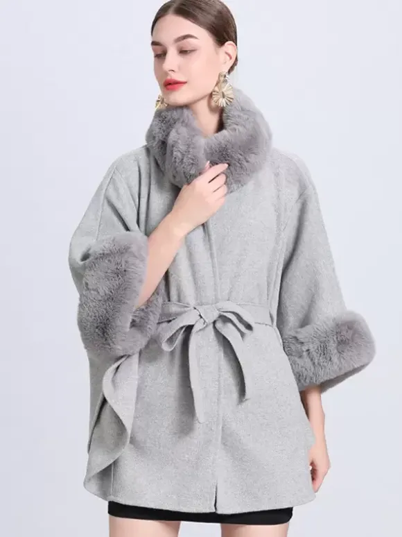 Women Poncho High Collar Light Gray Oversized Faux Fur Cape