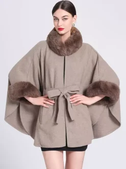 Women Poncho High Collar Light Gray Oversized Faux Fur Cape