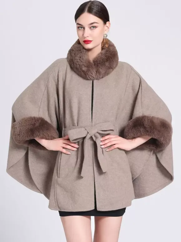 Women Poncho High Collar Light Gray Oversized Faux Fur Cape
