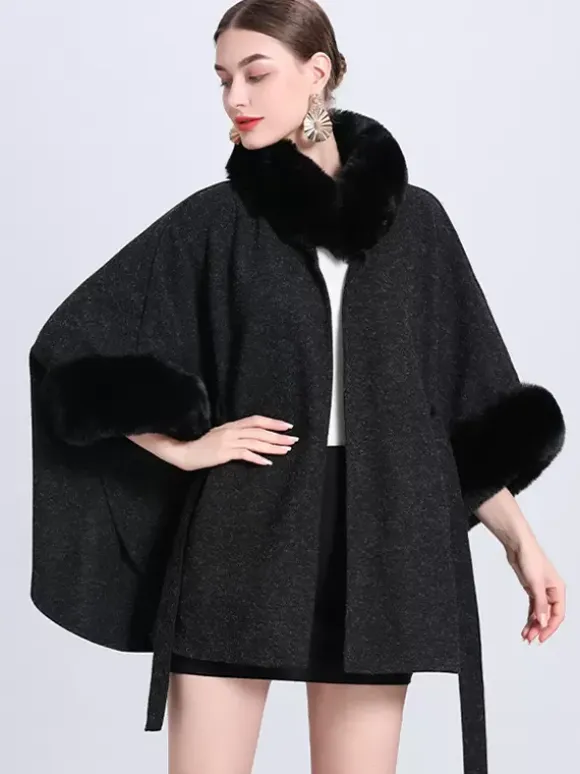Women Poncho High Collar Light Gray Oversized Faux Fur Cape
