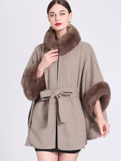 Women Poncho High Collar Light Gray Oversized Faux Fur Cape