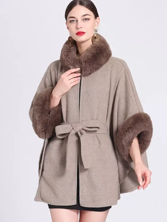 Women Poncho High Collar Light Gray Oversized Faux Fur Cape
