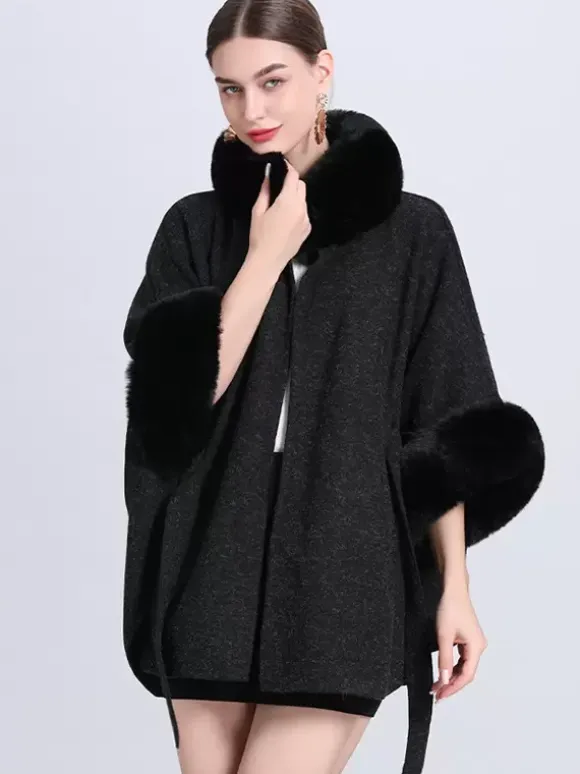 Women Poncho High Collar Light Gray Oversized Faux Fur Cape