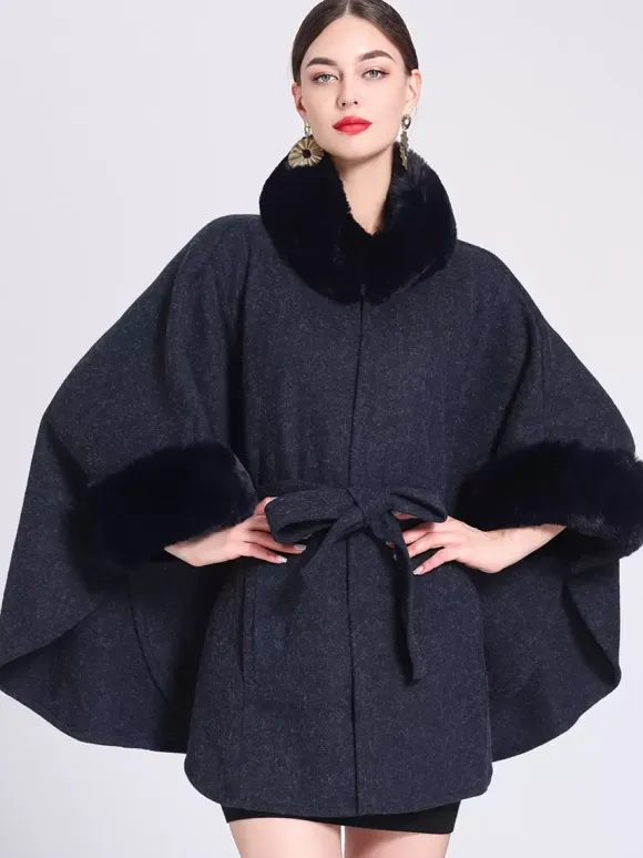 Women Poncho High Collar Light Gray Oversized Faux Fur Cape