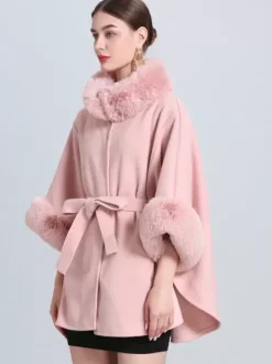 Women Poncho High Collar Light Gray Oversized Faux Fur Cape