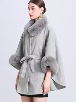 Women Poncho High Collar Light Gray Oversized Faux Fur Cape