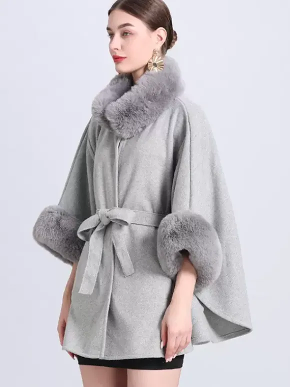 Women Poncho High Collar Light Gray Oversized Faux Fur Cape