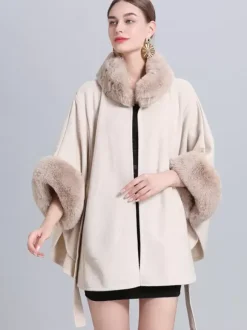 Women Poncho High Collar Light Gray Oversized Faux Fur Cape