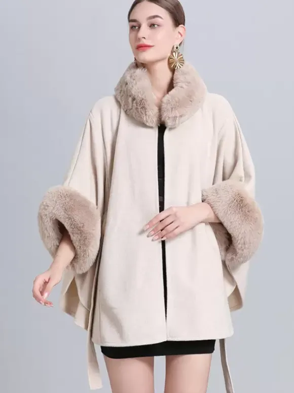 Women Poncho High Collar Light Gray Oversized Faux Fur Cape