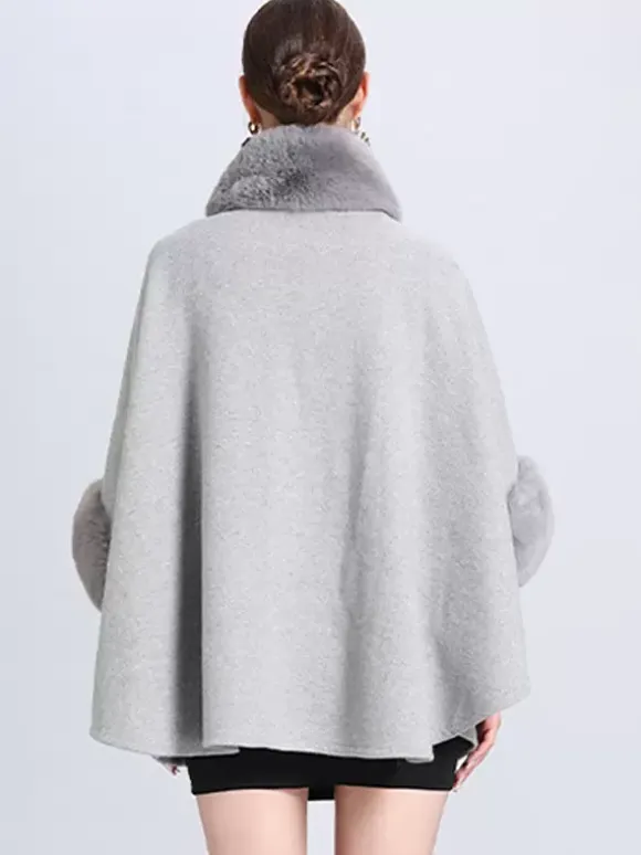 Women Poncho High Collar Light Gray Oversized Faux Fur Cape