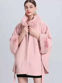 Women Poncho High Collar Light Gray Oversized Faux Fur Cape