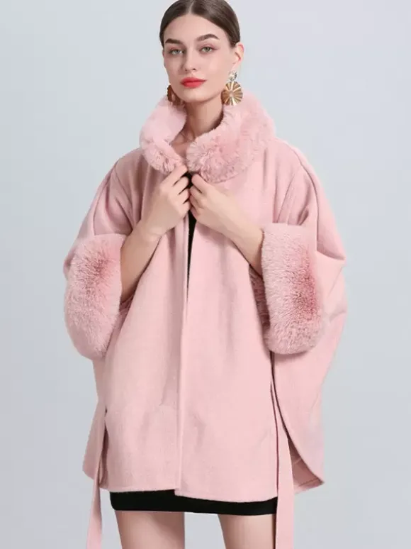 Women Poncho High Collar Light Gray Oversized Faux Fur Cape